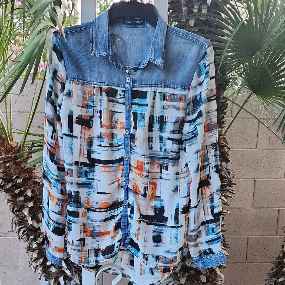 Mechant Blue Denim Look Long Sleeve Blouse Womens Medium